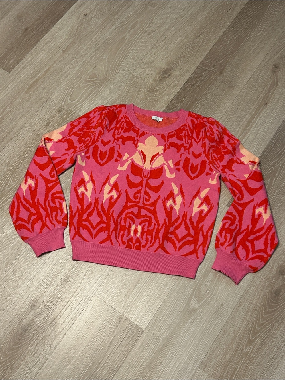 Voy Pink & Red Abstract Patterned Women's Wide Sleeve Knit Sweater